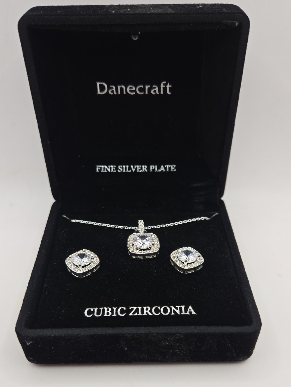 NEW DaneCraft Fine Silver Plate Cubic Zirconia Necklace and Stud Earrings
